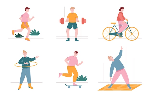 Los personajes de hombre y mujer hacen ejercicio y hacen deporte en casa y al aire libre. Conjunto de ilustraciones vectoriales de personas entrenando, haciendo yoga y corriendo. Estiramiento, ciclismo, patinaje, levantamiento de pesas.