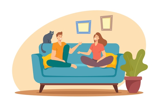 Personajes de hombre y mujer joven sentados en el sofá en casa teniendo una conversación activa. Gente charlando, discutiendo, familia