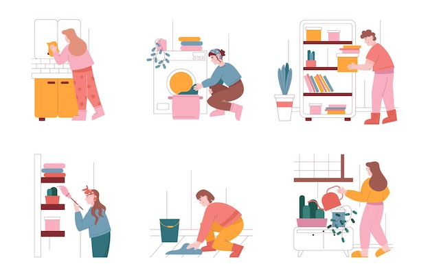 Vector los personajes de hombre y mujer limpian el hogar y hacen el trabajo doméstico. conjunto de ilustraciones vectoriales de personas que limpian la casa, quitan el polvo, lavan la ropa. tareas domésticas, lavandería, lavadora.