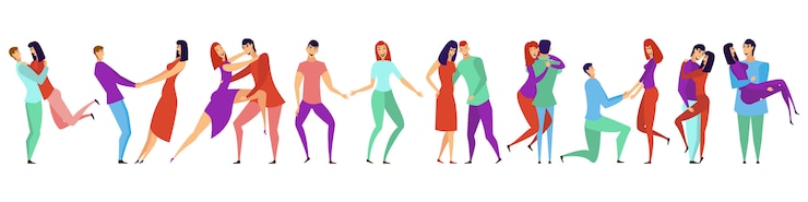 Vector personajes de hombres y mujeres jóvenes enamorados abrazándose