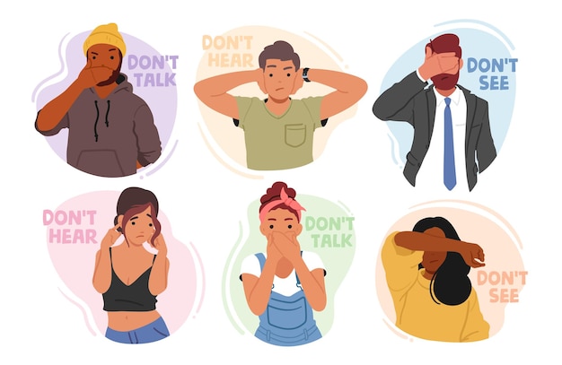 Vector personajes de hombres y mujeres jóvenes que cierran los ojos, los oídos y la boca como tres monos sabios de la ilustración vectorial saying