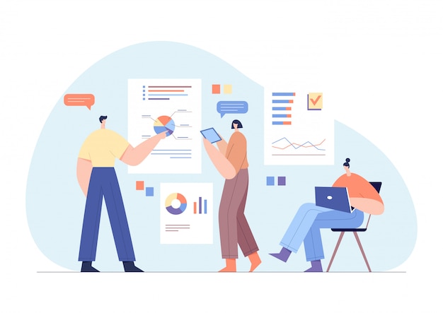 Personajes de hombres de negocios que interactúan con gráficos y analizan estadísticas. Concepto de trabajo de oficina, asociación de equipo.
