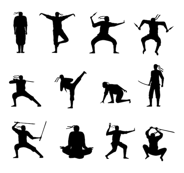 Personajes humanos guerreros con armas varias poses diseño de siluetas vector premium