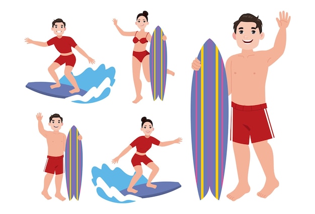 Personajes humanos de surfistas con sus tablas