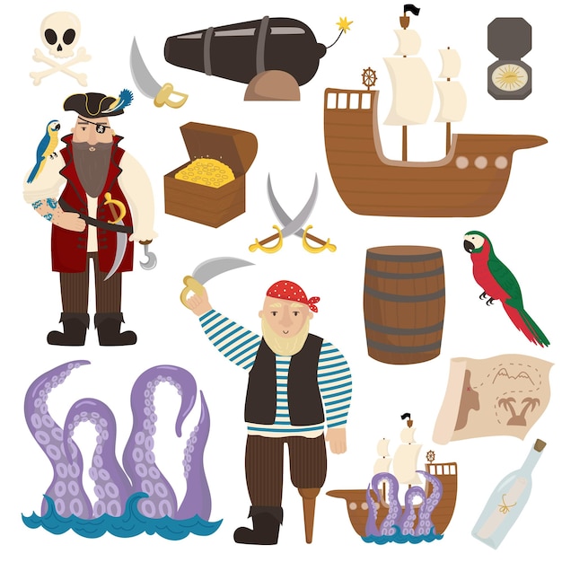 Personajes de ilustración vectorial piratas Pirata paquete barco kraken cofre cañón tesoro mapa loro