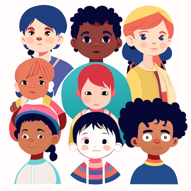 Personajes infantiles de diversidad étnica en vibrante arte vectorial