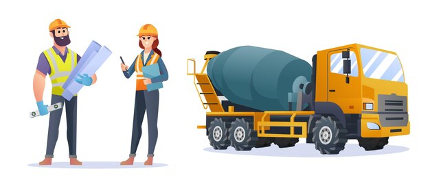 Personajes de ingeniero de construcción masculinos y femeninos con ilustración de camión hormigonera