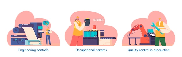 Los personajes del ingeniero trabajador en las coordenadas de la fábrica implementan medidas de seguridad para garantizar la ilustración de operaciones sin problemas