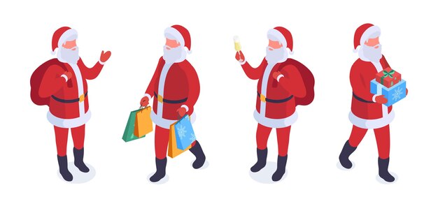 Personajes isométricos de Papá Noel Ilustración vectorial en 3d Set de vacaciones de Navidad Papá Noel en blanco