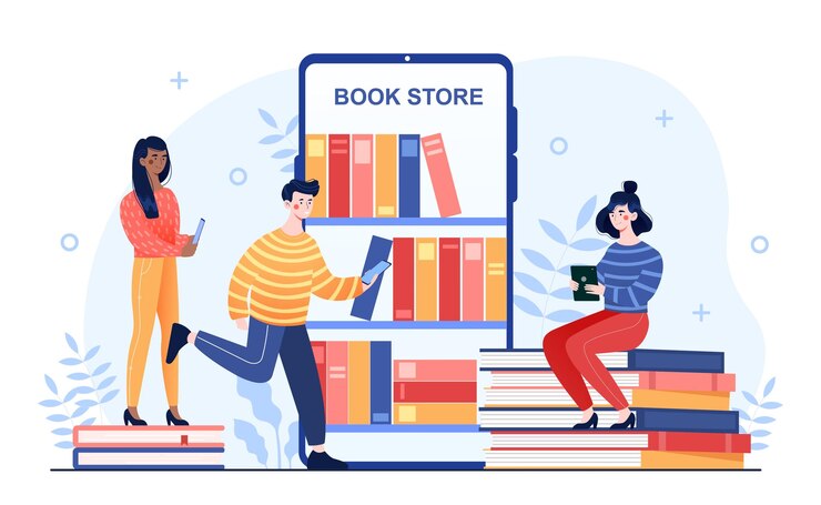 Vector los personajes jóvenes masculinos y femeninos están leyendo libros en dispositivos móviles de la librería en línea del grupo