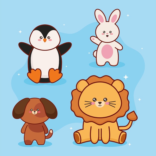 Personajes kawaii de cuatro animales