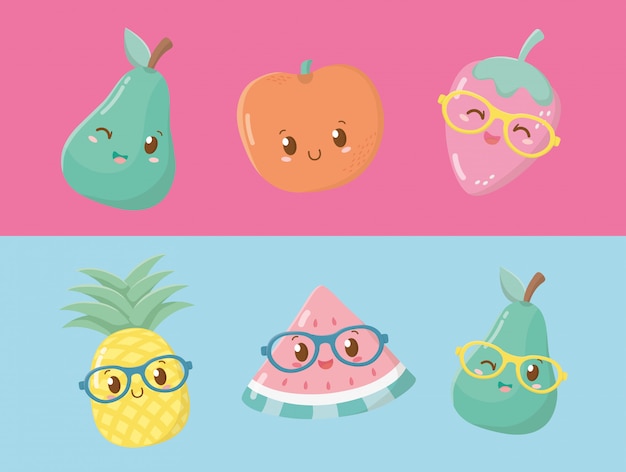 Vector personajes kawaii de frutas frescas y tropicales