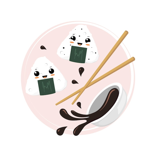 Personajes kawaii nigiri con palillos y salsa de soja en diseño plano