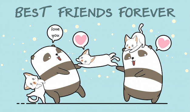 Los personajes de Kawaii, panda y gato, aman nuestra amistad.