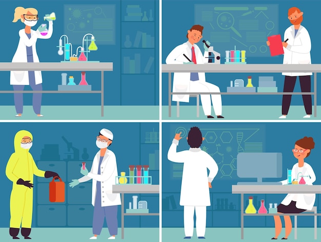 Personajes de laboratorio médico Equipo de investigación de medicamentos de trabajo de laboratorio Mujeres que trabajan en el desarrollo de fármacos concepto de vector de científico químico decente