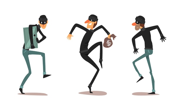Personajes ladrones Set Ladrones varones vestidos con ropa negra en máscaras cometiendo crímenes Ilustración vectorial de dibujos animados