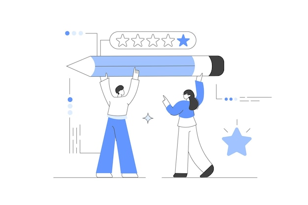 Personajes con un lápiz grande y pidiendo una crítica positiva Servicio al cliente 5 estrellas Vector