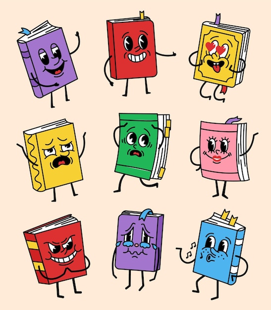 Personajes de libros emoji felices mascota de la biblioteca libros de texto de papel viejos con caras de niños literatura educativa escolar personas alegres y enojadas expresiones emocionales iconas de dibujos animados vectoriales