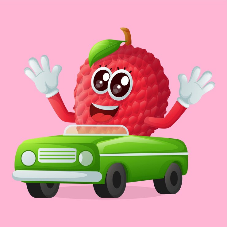 Vector personajes de lichi jugando con juguete de coche perfecto para niños mercancía y promoción de pancartas adhesivas