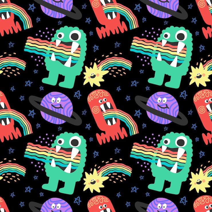 Vector personajes lindos alienígenas espaciales estrellas y planetas patrón sin costuras