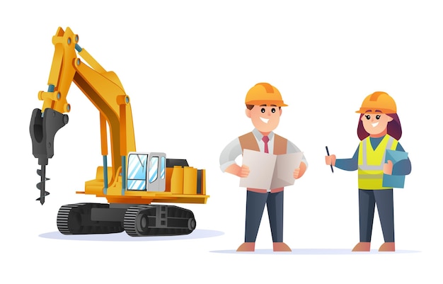 Personajes lindos del capataz de la construcción y del ingeniero femenino con la ilustración de la excavadora del taladro
