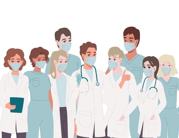 Vector personajes de lindos médicos y enfermeras de dibujos animados con máscara facial quirúrgica trabajadores de medicina masculinos y femeninos ilustración vectorial plana