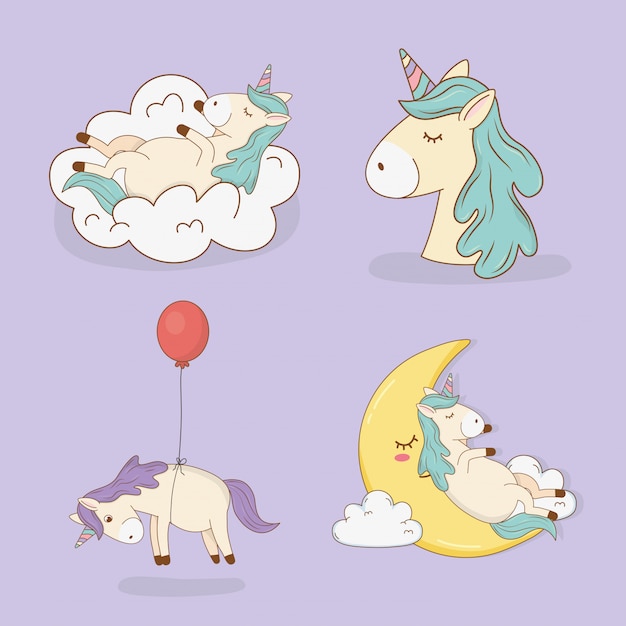 Personajes lindos de unicornios de cuento de hadas