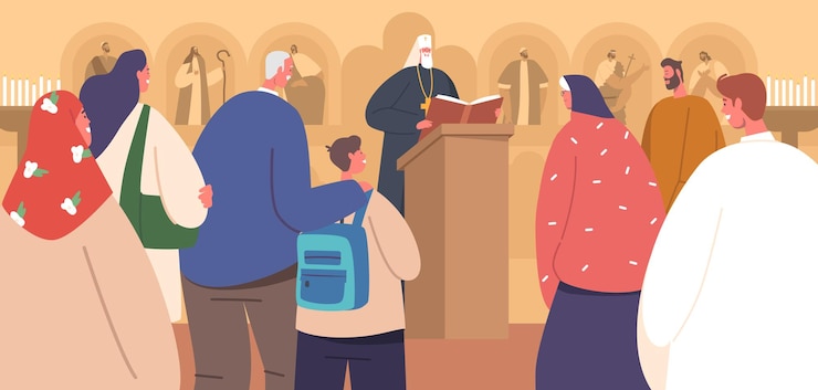 Vector personajes en la liturgia en la iglesia ortodoxa durante el servicio tradicional y sagrado o los cánticos religiosos rituales que fomentan una atmósfera profundamente espiritual para los adoradores personas de dibujos animados ilustración vectorial