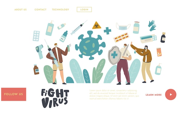 Los personajes luchan con la plantilla de página de inicio de virus. Personas sosteniendo escudo y jeringa, usando desinfectantes para protegerse de la infección. Salud Inmunización, Vacunación Médica. Ilustración vectorial lineal