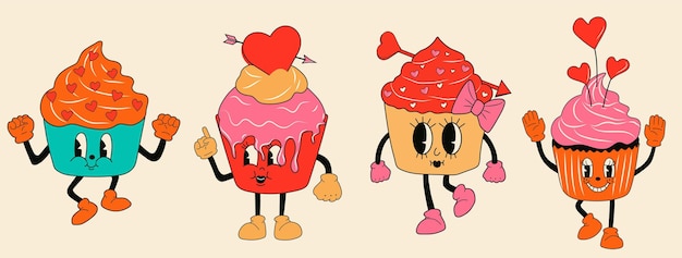 Personajes de mascotas de dibujos animados retro set cupcake 30s -. Estilo de animación antiguo de los años 40, 50 y 60. San Valentín