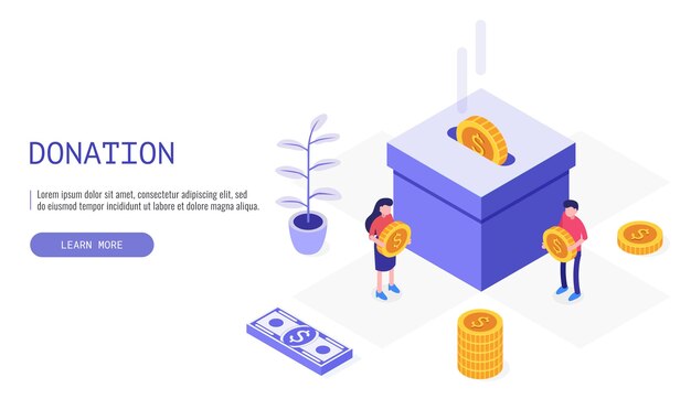 Personajes masculinos y femeninos donan dinero para organizaciones benéficas Los usuarios tienen monedas Infografía de banner web Ilustración vectorial isométrica