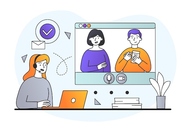 Los personajes masculinos y femeninos están asistiendo a una videoconferencia juntos en un fondo blanco usando