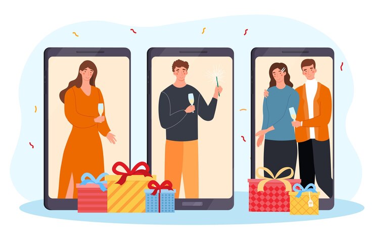 Vector los personajes masculinos y femeninos están celebrando el año nuevo en línea con amigos a través de un concepto de llamada de video de