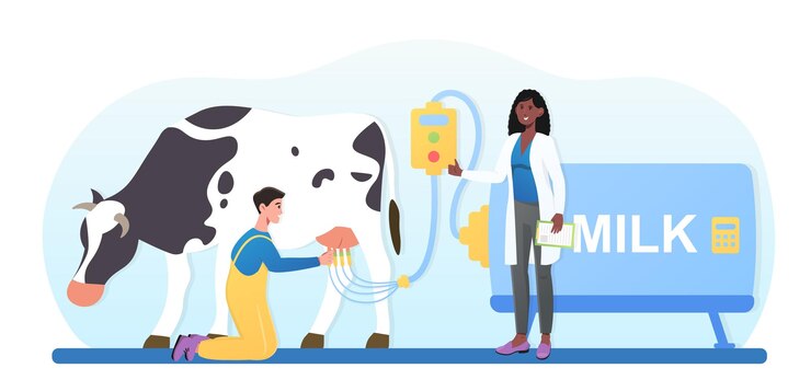 Vector los personajes masculinos y femeninos están usando un sistema de leche para ordeñar una vaca joven lechera masculina sonriente en