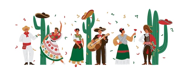 Vector personajes masculinos y femeninos mexicanos en coloridos trajes nacionales tradicionales