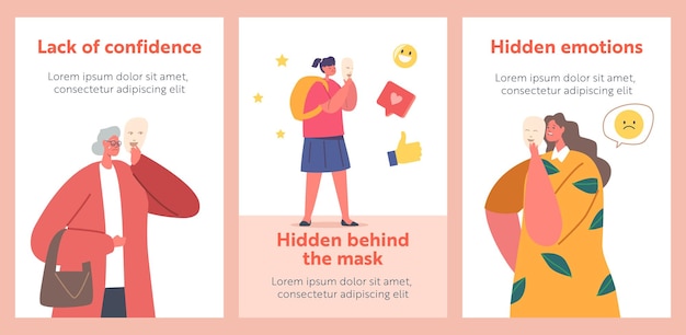 Personajes masculinos y femeninos que ocultan rostros detrás de máscaras Pancartas con emociones positivas Personas que disfrazan sentimientos reales