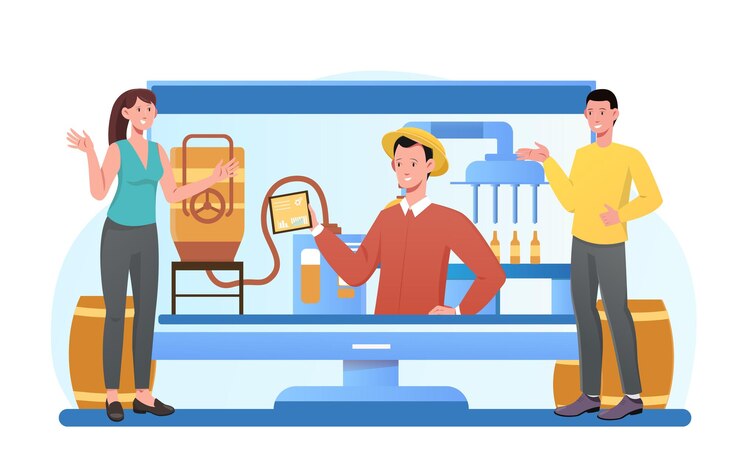 Vector los personajes masculinos y femeninos sonrientes están trabajando juntos en la producción de cerveza artesanal concepto de artesanía