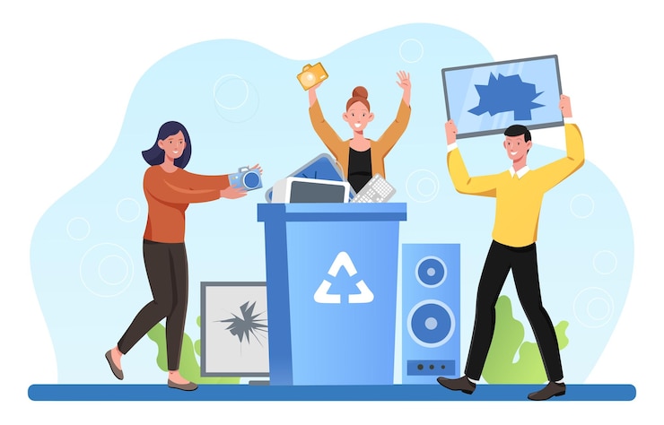 Vector personajes masculinos y femeninos sosteniendo dispositivos electrónicos cerca de un contenedor con el concepto de símbolo de reciclaje de