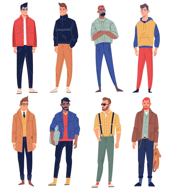 Personajes masculinos. Gente masculina elegante look street, ropa de moda de moda, atuendos casuales hipster, negocios, deporte y estilos libres. colocar