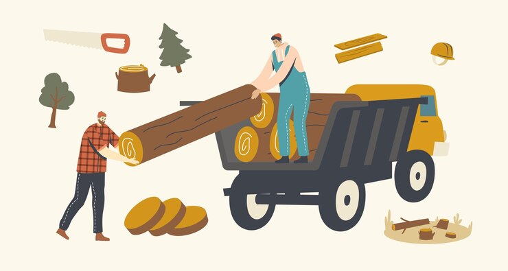 Vector personajes masculinos de leñador cargando troncos de madera en camión. deforestación, tala de árboles forestales y transporte