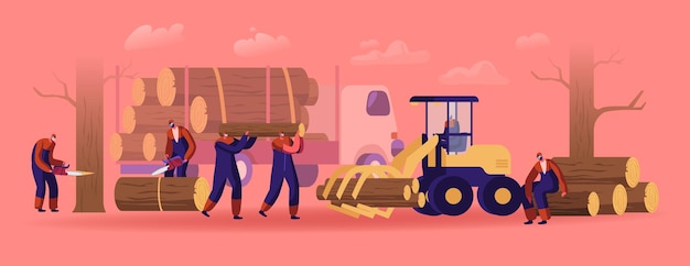 Personajes masculinos de leñador en monos de trabajo con camiones, equipos y herramientas de registro en el bosque. Leñadores con motosierra cortando troncos de madera. Trabajo de los trabajadores de la madera. Ilustración de Vector plano de dibujos animados