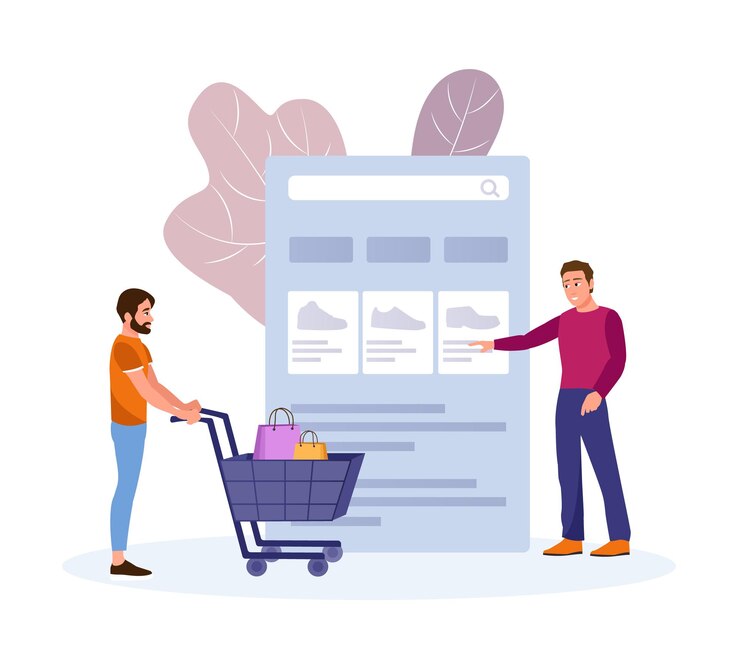 Vector personajes masculinos sonrientes que participan en ventas estacionales en tiendas en línea compras a través de internet realizar compras utilizando aplicaciones móviles grandes descuentos y sociedad de consumo vector