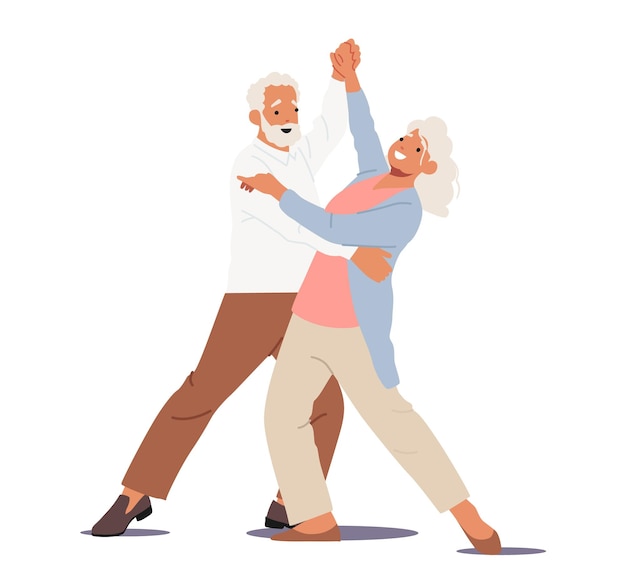 Vector personajes mayores danza ocio viejo pareja alegre bailando ancianos estilo de vida activo envejecido amoroso hombre y mujer