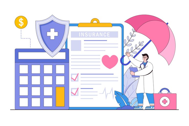 Vector los personajes médicos planos se paran cerca del concepto de contrato de seguro de salud ilustración de vector mínimo de estilo de diseño de esquema para imágenes de héroe de infografía de banner web de página de destino