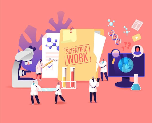 Los personajes médicos realizan trabajos científicos, análisis médicos con equipos, microscopio y frascos de vidrio. Química, Científicos en Investigación Científica de Laboratorio Químico. Ilustración de Vector de gente de dibujos animados