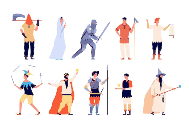 Vector personajes medievales. hada y caballero, campesino y verdugo, mago y rey, guerrero y bromista conjunto de vectores de dibujos animados de cuento de hadas