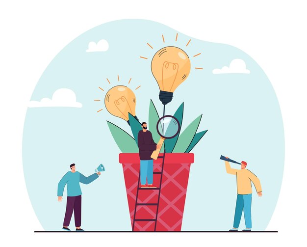 Personajes minúsculos que examinan la planta en maceta con bombillas. Personajes masculinos en busca de ideas ilustración vectorial plana. Trabajo en equipo, puesta en marcha, concepto de innovación para banner, diseño de sitios web o página de destino