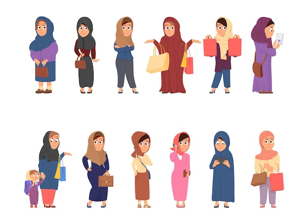 Vector personajes de mujeres árabes mujeres musulmanas niñas saudíes con bolsas de compras personajes de negocios femeninos árabes personas aisladas en hijab conjunto de vectores decentes