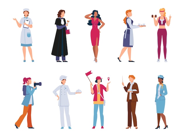 Personajes de mujeres en uniforme de profesión juez chef y profesora Trabajadoras planas guid modelo y enfermera Conjunto de vectores de carrera de trabajo de mujer