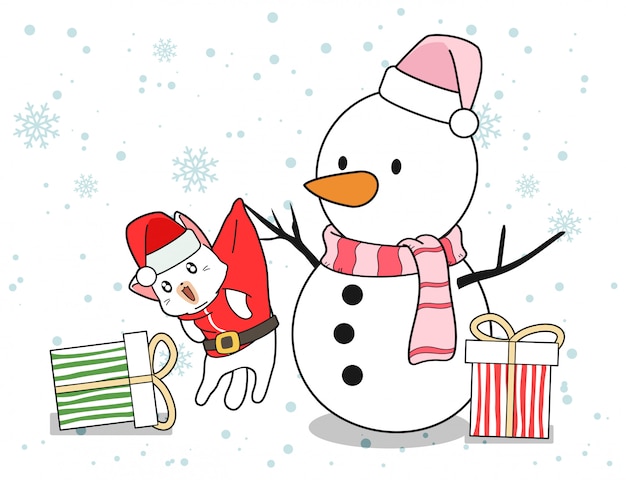 Personajes de muñeco de nieve y gato de santa con regalos en navidad
